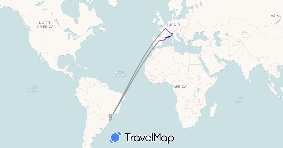 TravelMap itinerary: driving, bus, plane, train in Brazil, Spain, France, Italy (Europe, South America)